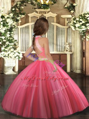 Fantastic High-neck Sleeveless Child Pageant Dress Floor Length Beading Coral Red Tulle