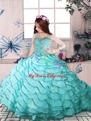 Aqua Blue Organza Lace Up Spaghetti Straps Sleeveless Floor Length Pageant Dress Toddler Beading and Ruffled Layers