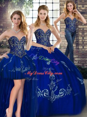 Floor Length Lace Up 15 Quinceanera Dress Royal Blue for Military Ball and Sweet 16 and Quinceanera with Beading and Embroidery