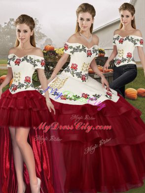 Fantastic Off The Shoulder Sleeveless Sweet 16 Quinceanera Dress Brush Train Embroidery and Ruffled Layers Wine Red Tulle