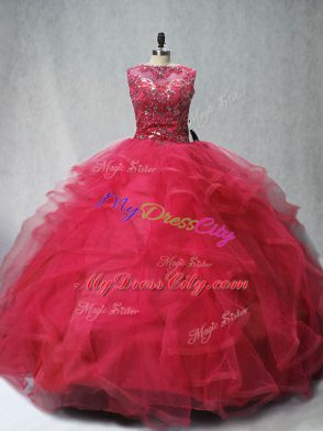 Coral Red Sleeveless Brush Train Beading and Ruffles 15th Birthday Dress