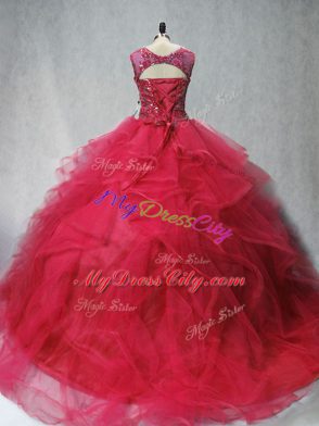 Coral Red Sleeveless Brush Train Beading and Ruffles 15th Birthday Dress