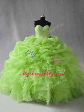 On Sale Organza Sleeveless Floor Length Quinceanera Gown and Beading and Ruffles and Pick Ups