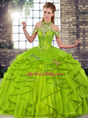 Simple Olive Green Sleeveless Floor Length Beading and Ruffles Lace Up Ball Gown Prom Dress