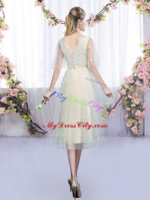 Best Selling Champagne Quinceanera Dama Dress Wedding Party with Lace and Bowknot V-neck Sleeveless Lace Up