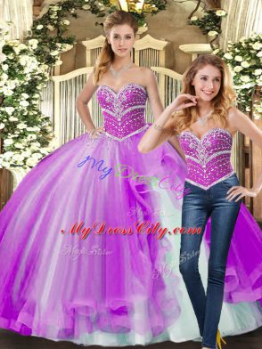 Floor Length Lace Up Sweet 16 Dress Lilac for Sweet 16 and Quinceanera with Beading