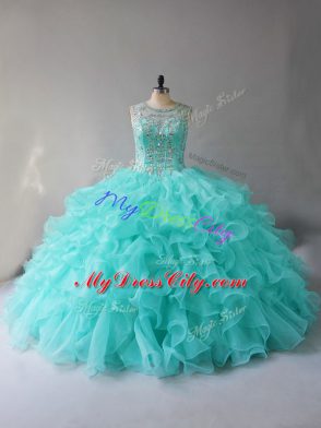 Sleeveless Beading and Ruffles Lace Up Quinceanera Gowns with Aqua Blue