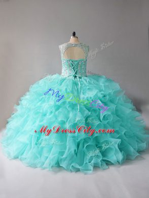 Sleeveless Beading and Ruffles Lace Up Quinceanera Gowns with Aqua Blue