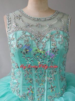 Sleeveless Beading and Ruffles Lace Up Quinceanera Gowns with Aqua Blue