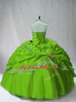 Classical Long Sleeves Organza Floor Length Lace Up 15 Quinceanera Dress in Green with Beading and Appliques and Pick Ups