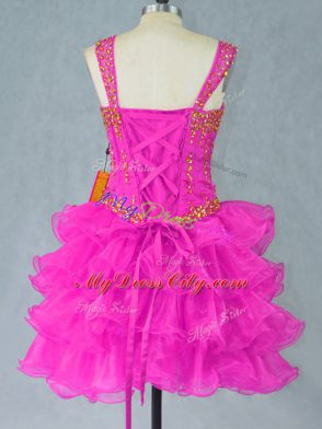 Glamorous Mini Length Fuchsia Prom Party Dress Straps Sleeveless Lace Up