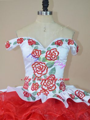 Decent Sleeveless Embroidery and Ruffles Lace Up Ball Gown Prom Dress with White And Red Brush Train