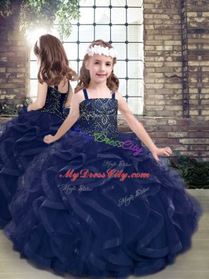 Simple Sleeveless Floor Length Beading and Ruffles Lace Up Pageant Gowns For Girls with Navy Blue