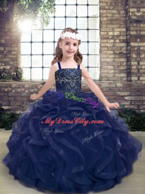 Simple Sleeveless Floor Length Beading and Ruffles Lace Up Pageant Gowns For Girls with Navy Blue