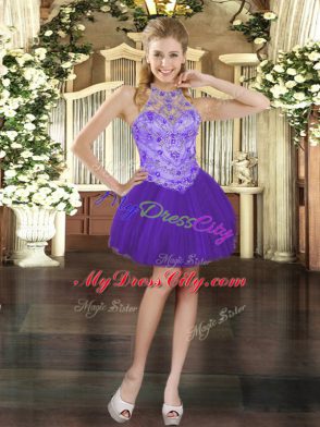 Purple Halter Top Lace Up Beading and Embroidery Quinceanera Dress Sleeveless