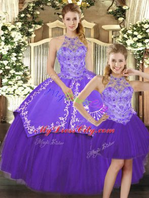 Purple Halter Top Lace Up Beading and Embroidery Quinceanera Dress Sleeveless