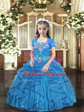 Baby Blue Tulle Lace Up Straps Sleeveless Floor Length Pageant Dress Womens Beading and Ruffles