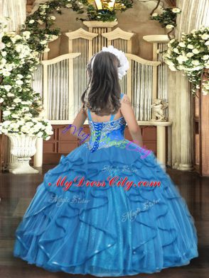 Baby Blue Tulle Lace Up Straps Sleeveless Floor Length Pageant Dress Womens Beading and Ruffles