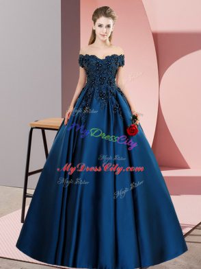 Inexpensive Floor Length Navy Blue Quince Ball Gowns Satin Sleeveless Lace