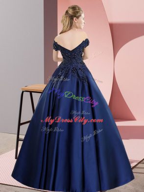 Inexpensive Floor Length Navy Blue Quince Ball Gowns Satin Sleeveless Lace