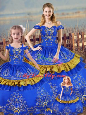 Blue Satin Lace Up Off The Shoulder Sleeveless Floor Length Vestidos de Quinceanera Embroidery