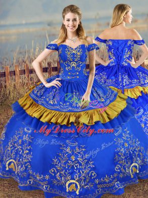 Blue Satin Lace Up Off The Shoulder Sleeveless Floor Length Vestidos de Quinceanera Embroidery