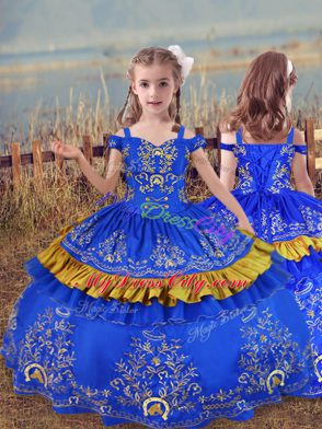 Blue Satin Lace Up Off The Shoulder Sleeveless Floor Length Vestidos de Quinceanera Embroidery