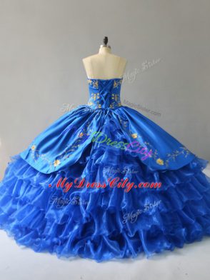 Adorable Royal Blue Ball Gowns Embroidery and Ruffles Quince Ball Gowns Lace Up Satin Sleeveless Floor Length