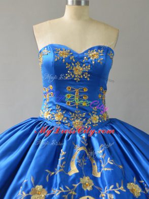 Adorable Royal Blue Ball Gowns Embroidery and Ruffles Quince Ball Gowns Lace Up Satin Sleeveless Floor Length