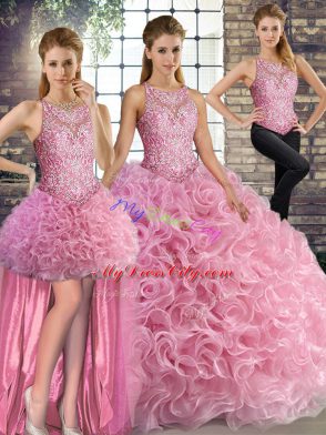 Rose Pink Scoop Lace Up Beading Ball Gown Prom Dress Sleeveless