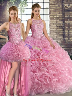 Rose Pink Scoop Lace Up Beading Ball Gown Prom Dress Sleeveless