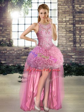 Rose Pink Scoop Lace Up Beading Ball Gown Prom Dress Sleeveless