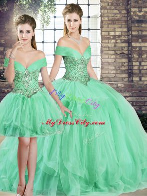 Apple Green Off The Shoulder Neckline Beading and Ruffles 15th Birthday Dress Sleeveless Lace Up