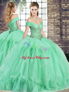 Apple Green Off The Shoulder Neckline Beading and Ruffles 15th Birthday Dress Sleeveless Lace Up