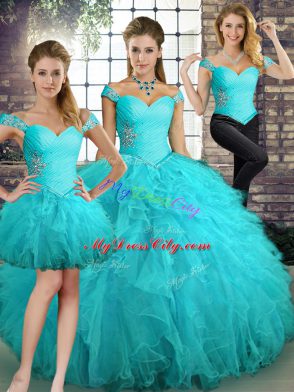 Floor Length Lace Up Quinceanera Gowns Aqua Blue for Military Ball and Sweet 16 and Quinceanera with Beading and Ruffles