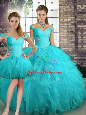 Floor Length Lace Up Quinceanera Gowns Aqua Blue for Military Ball and Sweet 16 and Quinceanera with Beading and Ruffles