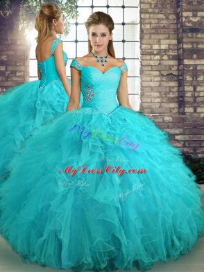 Floor Length Lace Up Quinceanera Gowns Aqua Blue for Military Ball and Sweet 16 and Quinceanera with Beading and Ruffles