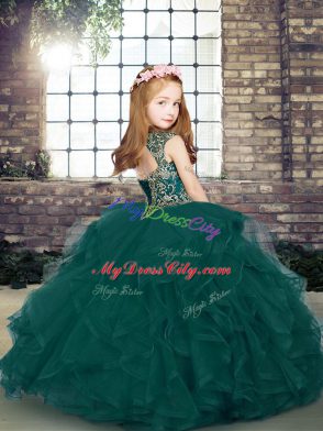 Peacock Green Sleeveless Tulle Lace Up Pageant Gowns For Girls for Party and Sweet 16 and Wedding Party