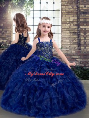 Floor Length Blue Pageant Dress Straps Sleeveless Lace Up