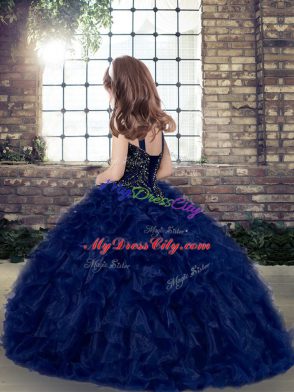 Floor Length Blue Pageant Dress Straps Sleeveless Lace Up