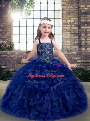 Floor Length Blue Pageant Dress Straps Sleeveless Lace Up