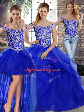 Wonderful Royal Blue Three Pieces Beading and Ruffles Quinceanera Gowns Lace Up Tulle Sleeveless