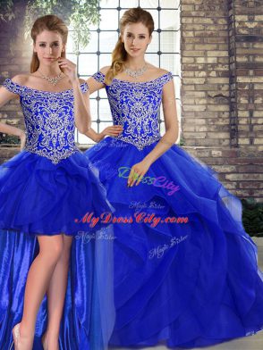 Wonderful Royal Blue Three Pieces Beading and Ruffles Quinceanera Gowns Lace Up Tulle Sleeveless