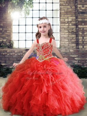 Great Red Lace Up Straps Beading and Ruffles Kids Pageant Dress Tulle Sleeveless