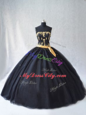 Modern Black Ball Gowns Strapless Sleeveless Tulle Floor Length Lace Up Appliques Quince Ball Gowns