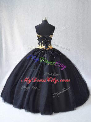 Modern Black Ball Gowns Strapless Sleeveless Tulle Floor Length Lace Up Appliques Quince Ball Gowns