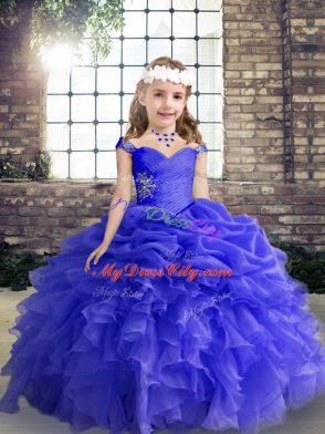 Floor Length Blue Pageant Dress for Girls Organza Sleeveless Beading and Ruffles