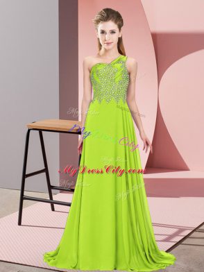 Custom Made Empire Yellow Green One Shoulder Chiffon Sleeveless Floor Length Side Zipper