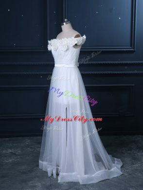 White Wedding Gown Wedding Party with Hand Made Flower Off The Shoulder Sleeveless Brush Train Zipper