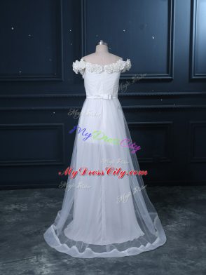 White Wedding Gown Wedding Party with Hand Made Flower Off The Shoulder Sleeveless Brush Train Zipper